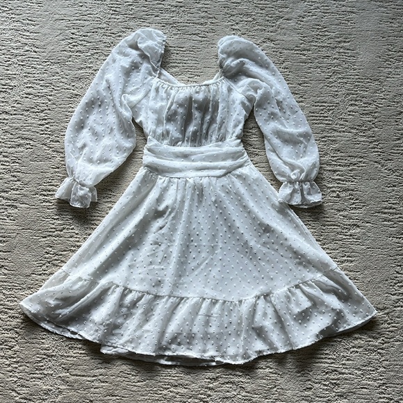 EXLURA Women‘s Tie Back Swiss Dot Square Neck Ruched Long Sleeve Ruffle Dress - Picture 2 of 11